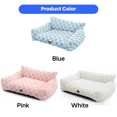 Plush sofa dog beds available in blue pink and white color options