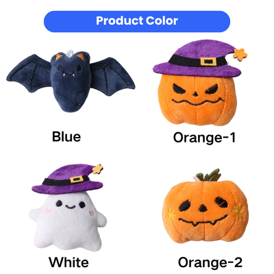 Halloween Plush Cat Toys Color and Design Options Halloween plush cat toys in bat, witch pumpkin, ghost and orange pumpkin designs