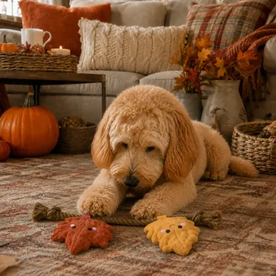 Dog Playing with Autumn Maple Leaf Rope Toy Dog playing with orange and yellow maple leaf rope dog toy in an autumn-themed living room