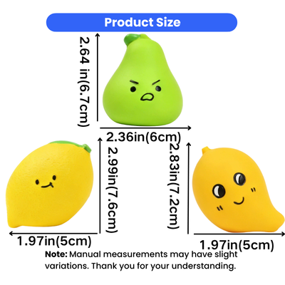 Fruit Latex Squeaky Dog Toy Size Guide Size chart for green pear and yellow fruit latex squeaky dog toys