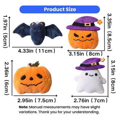 Halloween Plush Cat Toys Size Guide Size guide for Halloween plush cat toys including bat, pumpkin and ghost designs