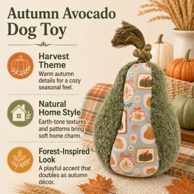 Autumn avocado dog toy with harvest-inspired prints, earth-tone textures and forest-style design for seasonal dog play.