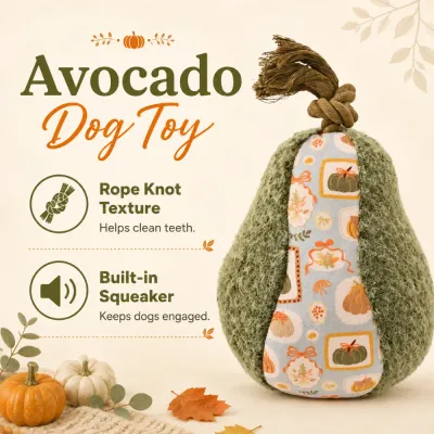 Autumn avocado dog toy with rope knot texture and built-in squeaker for interactive dog play and dental cleaning.