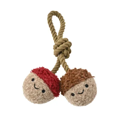 Squeaky Acorn Tug Dog Toy with Rope Handle Plush acorn tug dog toy with two acorns and twisted rope loop on white background