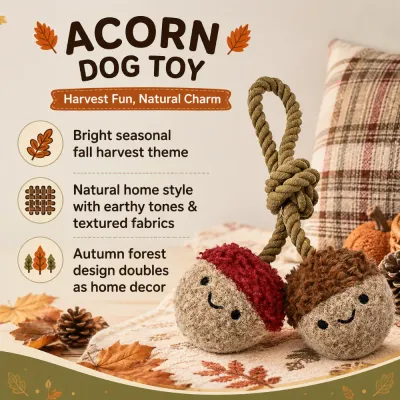 Fall Harvest Acorn Dog Toy with Natural Home Style Fall acorn dog toy with earthy colors, textured fabrics and autumn forest inspired design