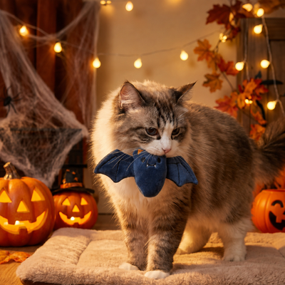 Cat Playing with Halloween Bat Plush Toy Cat playing with a blue bat plush toy in a Halloween themed home setting