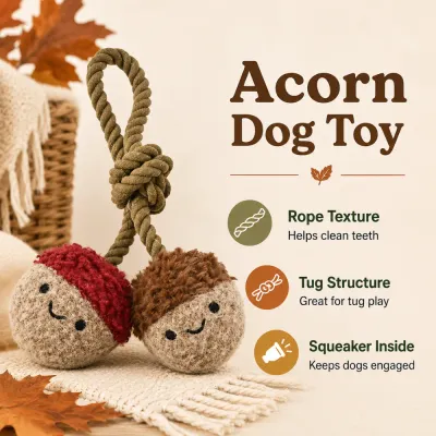 Acorn Rope Dog Toy with Squeaker and Tug Design Acorn rope dog toy with textured rope, tug structure and built-in squeaker for interactive play