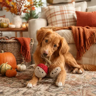 Dog Playing with Acorn Rope Toy in Fall Living Room Golden dog playing with an acorn rope dog toy in a cozy fall-themed living room