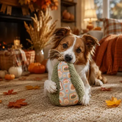 Dog playing with a green avocado-shaped rope and squeaky toy in a cozy autumn-themed living room.