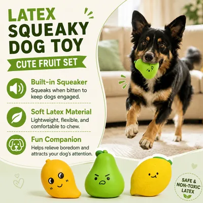 Fruit-shaped latex squeaky dog toys with built-in squeaker and soft latex material