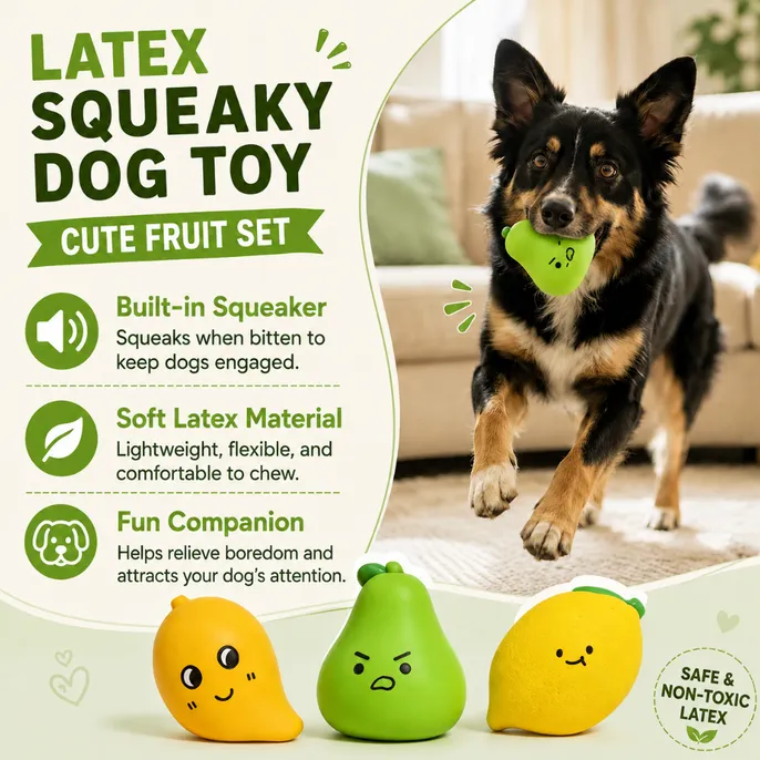Fruit-shaped latex squeaky dog toys with built-in squeaker and soft latex material