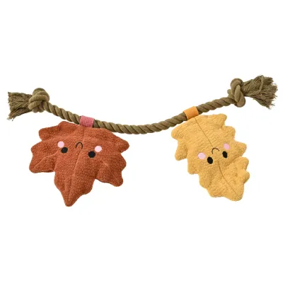 Fall Maple Leaf Plush Tug Rope Dog Toy Fall maple leaf plush dog toy with orange and yellow leaves and knotted rope ends on white background