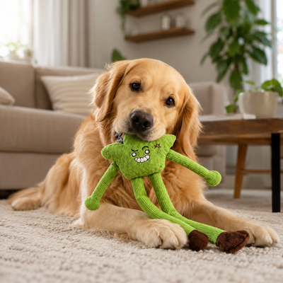 Interactive Squeaky Dog Toy for Indoor Play Golden retriever playing with green long leg squeaky plush dog toy indoors