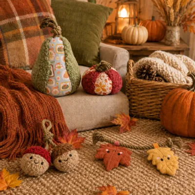 Fall Harvest Dog Toy Collection for Autumn Fall harvest dog toy collection with acorn, pumpkin and leaf toys in an autumn living room
