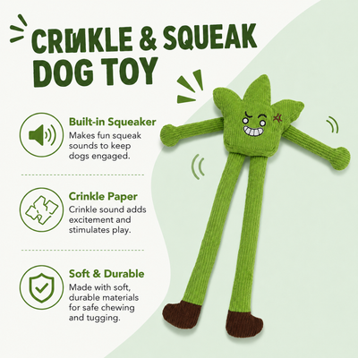 Crinkle and Squeaky Plush Dog Toy Features Green crinkle and squeaky plush dog toy with long legs for interactive play