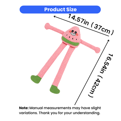 Long Leg Squeaky Dog Toy Size Guide Long leg squeaky plush dog toy measuring 14.57 x 16.54 inches