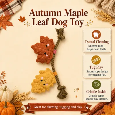 Autumn Maple Leaf Rope Dog Toy with Crinkle Autumn maple leaf dog toy with knotted rope, crinkle paper and tug play design for interactive dog play