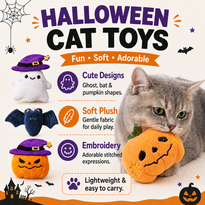 Halloween Plush Cat Toys Features for Cats Halloween cat toys with soft plush fabric embroidered details and bat ghost pumpkin designs