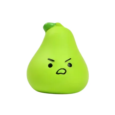 Green pear-shaped latex squeaky dog toy with cartoon face