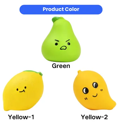 Green pear and two yellow fruit latex squeaky dog toys in three color options