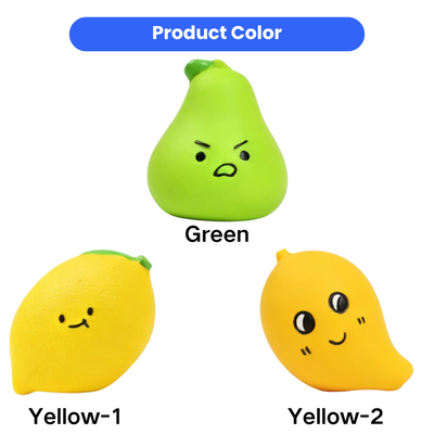 Fruit Latex Squeaky Dog Toy Color Options Green pear and two yellow fruit latex squeaky dog toys in three color options