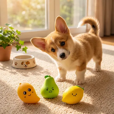 Corgi puppy playing with green and yellow fruit latex squeaky dog toys at home