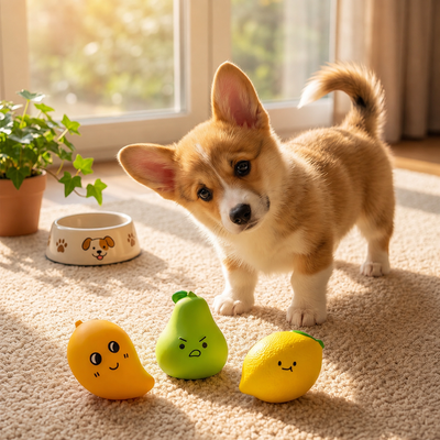 Dog Playing with Fruit Latex Squeaky Toys Corgi puppy playing with green and yellow fruit latex squeaky dog toys at home