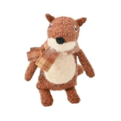 Brown fox-shaped plush dog toy with cream belly and plaid scarf isolated on a clean white background.