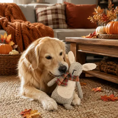 Golden retriever playing with an autumn bunny plush dog toy in a cozy fall-themed living room