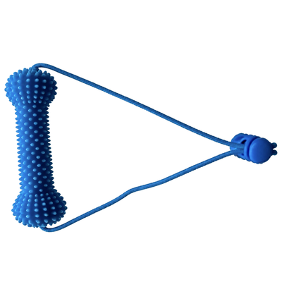 Blue Textured Bone Dog Chew Toy with Rope Blue textured bone shaped dog chew toy with long rope handle on white background