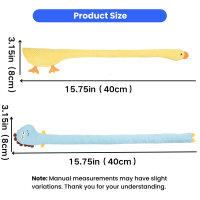 15.75 Inch Long Neck Plush Dog Toy Size Guide Yellow and blue long neck plush dog toys measuring 15.75 inches long and 3.15 inches wide