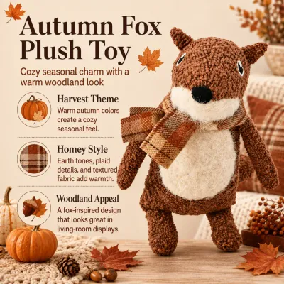 Autumn fox plush dog toy with harvest colors, plaid scarf and woodland-inspired design displayed with pumpkins and fall leaves.