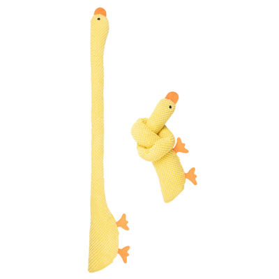 Yellow Plush Long Neck Squeaky Dog Toy Design Yellow long neck plush dog toy displayed vertically and tied into a knot