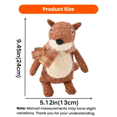 Autumn fox plush dog toy size chart showing approximately 9.45 inches tall and 5.12 inches wide.