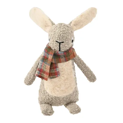 Woodland bunny squeaky plush dog toy in gray and cream with long ears and autumn plaid scarf