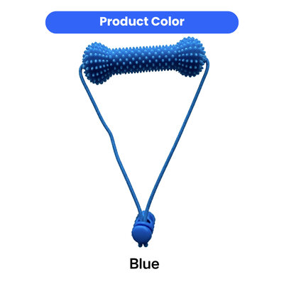 Blue Dog Dental Chew Toy with Rope Handle Blue PVC dog dental chew toy with textured bone design and long rope handle