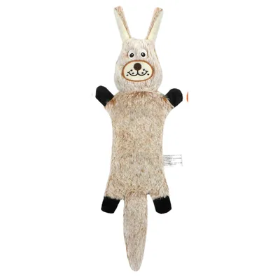 Light khaki rabbit-shaped long plush squeaky dog toy with soft texture, black paws and long tail