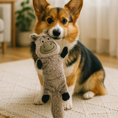 Corgi Playing with Long Plush Squeaky Dog Toy Corgi holding a grey long plush animal dog toy during indoor interactive play