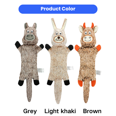 Long Plush Squeaky Dog Toys in Three Animal Styles Long plush squeaky dog toys in grey, light khaki and brown animal designs for interactive dog play