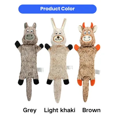 Long Plush Squeaky Dog Toys in Three Animal Styles Long plush squeaky dog toys in grey, light khaki and brown animal designs for interactive dog play