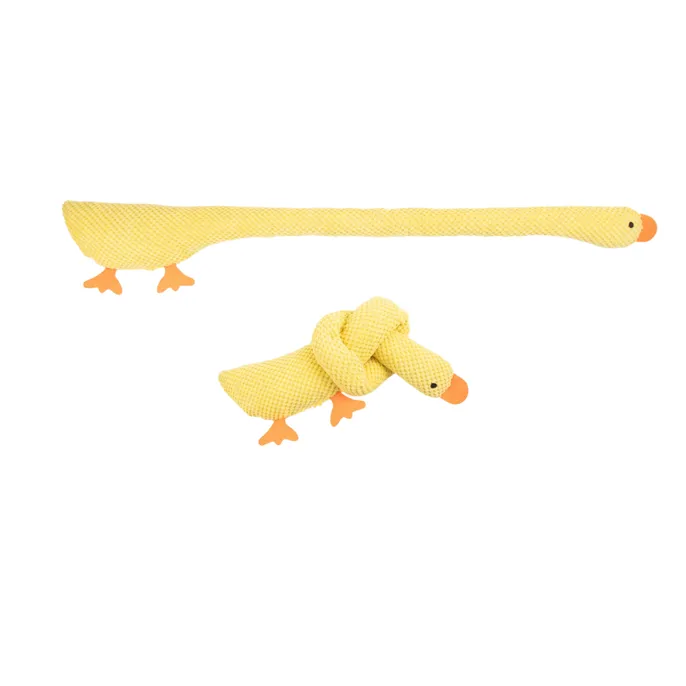 Yellow Long Neck Plush Dog Toy Straight and Knotted Design Yellow plush long neck dog toy shown straight and tied into a knot