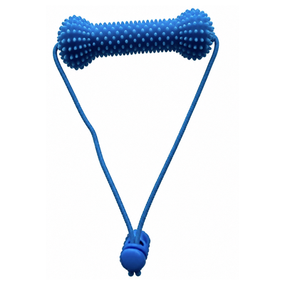 Dog Teeth Cleaning Chew Toy with Long Rope Handle Blue dog teeth cleaning chew toy with textured PVC bone and long rope handle on white background