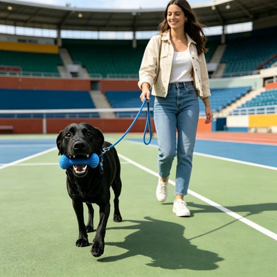 Interactive Rope Dog Chew Toy for Outdoor Play Black dog carrying blue dental chew toy with rope during outdoor exercise