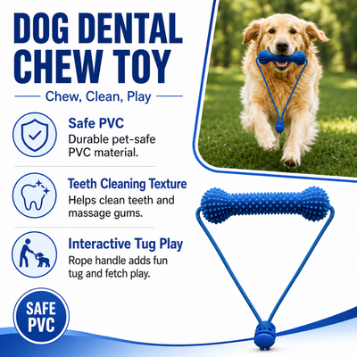 PVC Dog Dental Chew Toy for Teeth Cleaning and Tug Play PVC dog dental chew toy with textured surface and rope handle for teeth cleaning and tug play