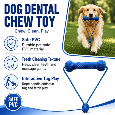 PVC Dog Dental Chew Toy for Teeth Cleaning and Tug Play PVC dog dental chew toy with textured surface and rope handle for teeth cleaning and tug play