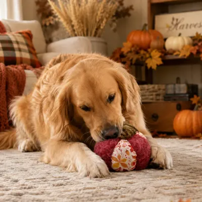 Golden Retriever playing with a plush pumpkin squeaky dog toy in an autumn living room