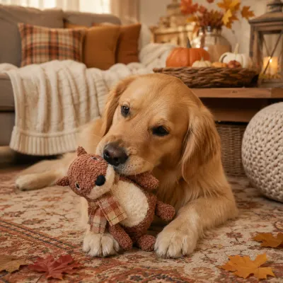 Golden Retriever playing with a brown autumn fox plush dog toy in a cozy fall-themed living room.