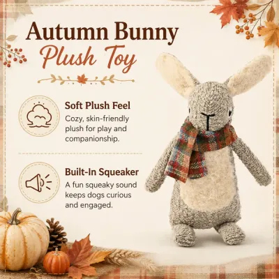 Autumn bunny plush dog toy with soft textured fabric, plaid scarf and built-in squeaker for interactive dog play