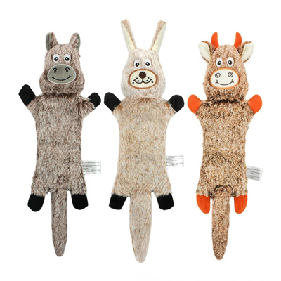 Long Animal Plush Dog Toys Grey Khaki and Brown Three long animal plush dog toys in grey donkey, light khaki rabbit and brown cow designs