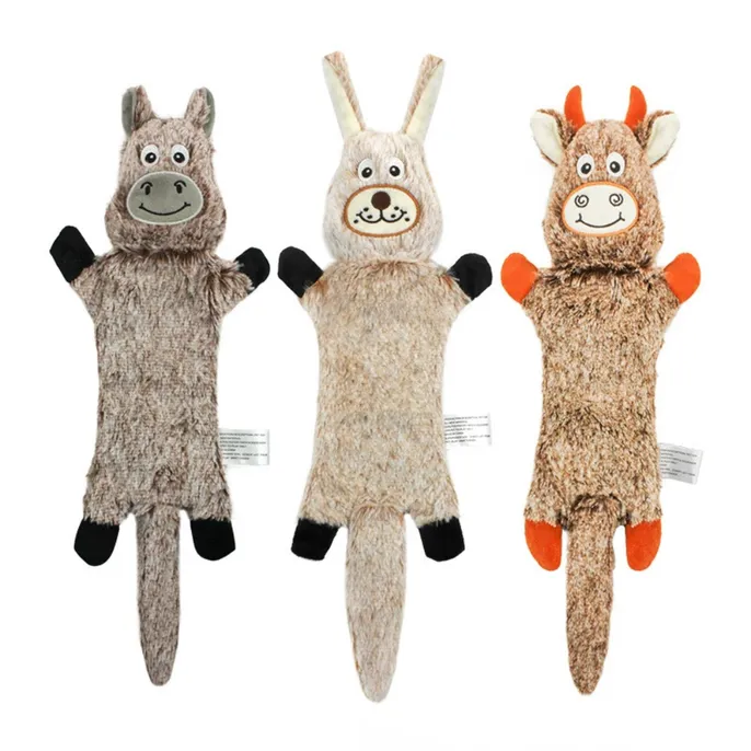 Long Animal Plush Dog Toys Grey Khaki and Brown Three long animal plush dog toys in grey donkey, light khaki rabbit and brown cow designs